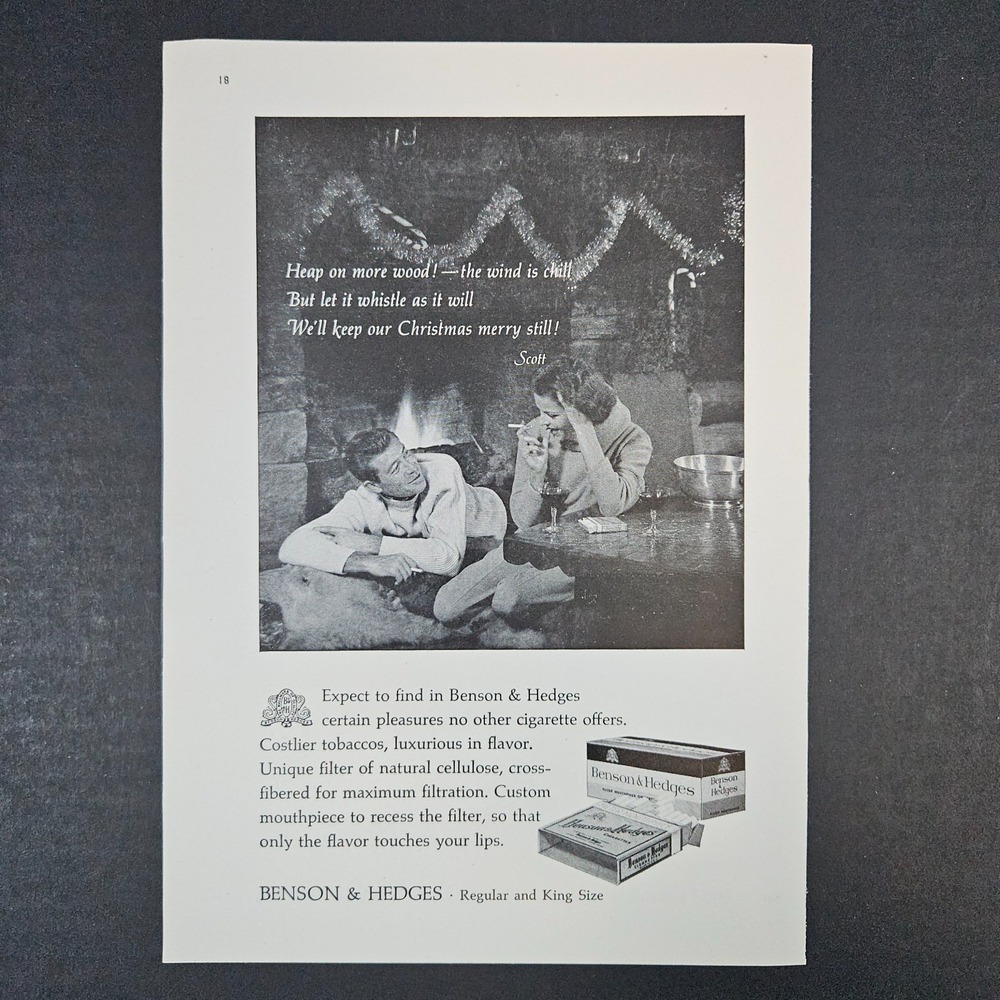 1957 Benson & Hedges Cigarettes Vintage Print Ad Christmas Yule Log Fire Couple